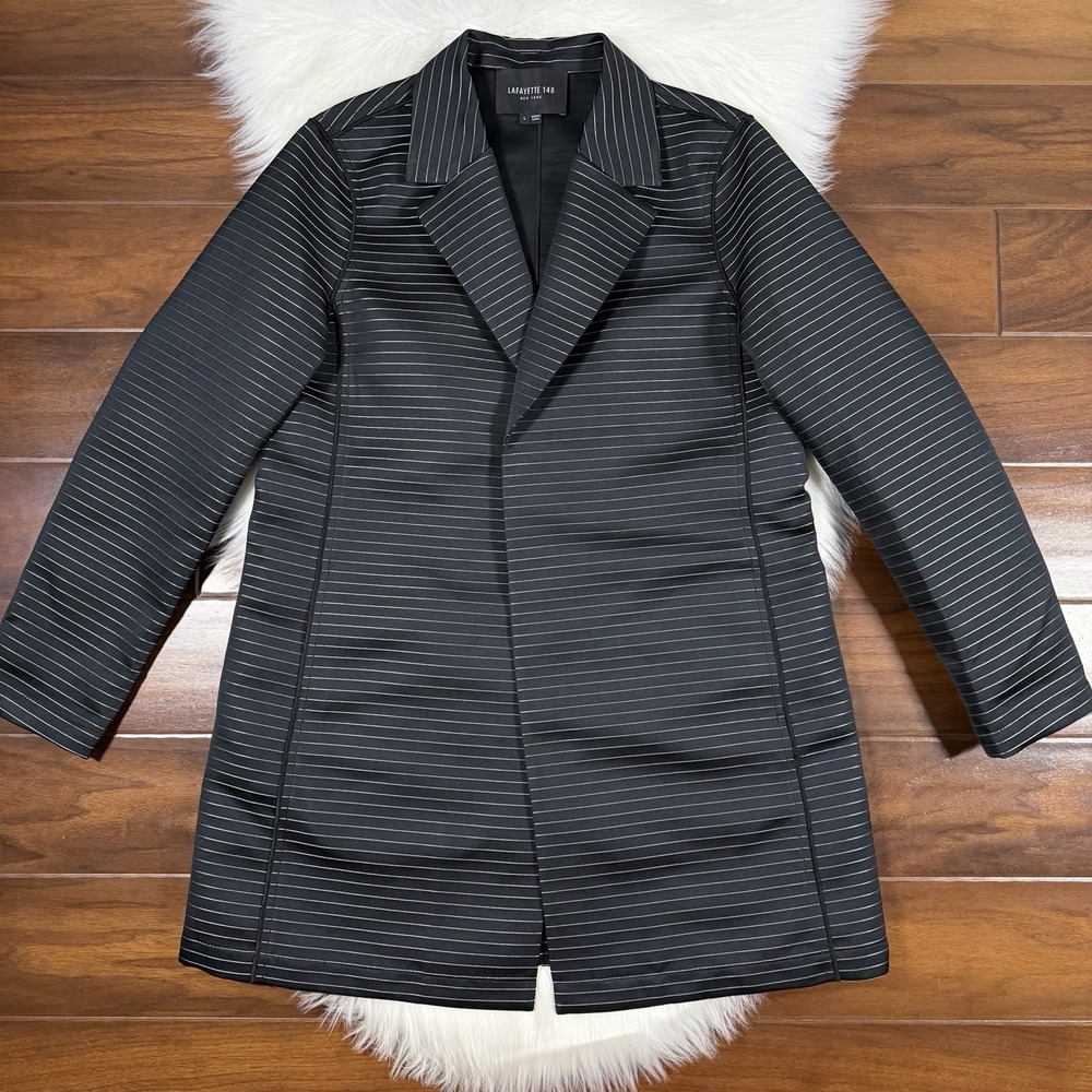 Lafayette 148 Women's Size Large Black Silver Striped Open Front Jacket Blazer